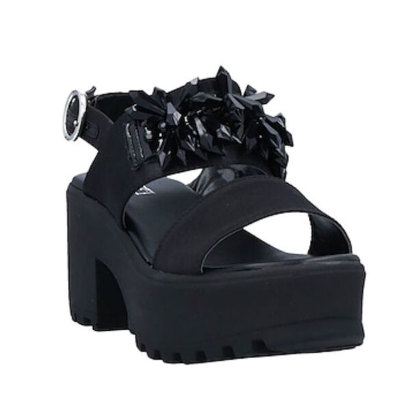 Black Wide Strap Spiked Crystals Platform Open Toe Heel Sandals NEW - Picture 1 of 4